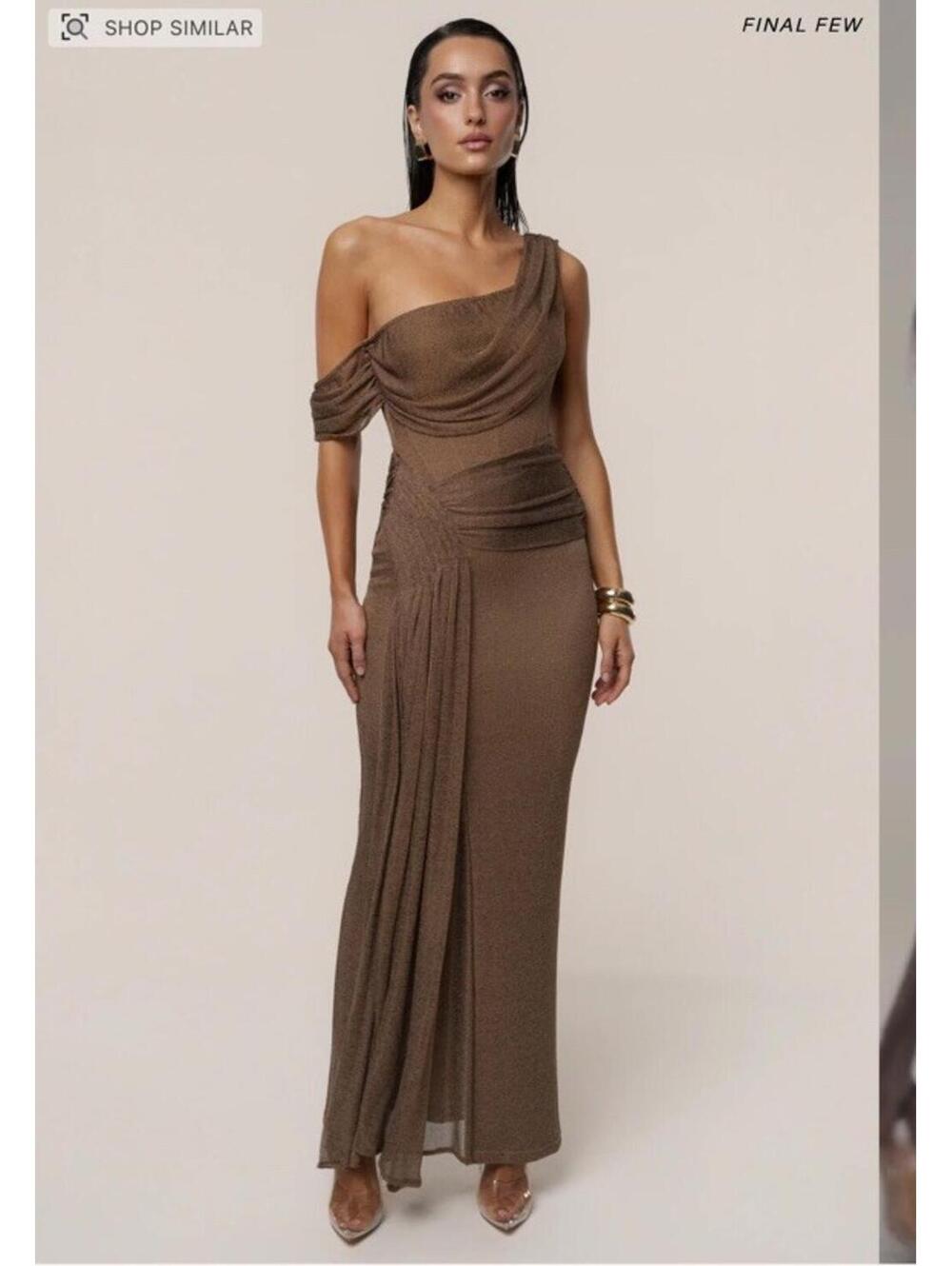JLUXLABEL Metallic One Shoulder Maxi Dress Bronze/Gold FLAWED AS-IS Size large